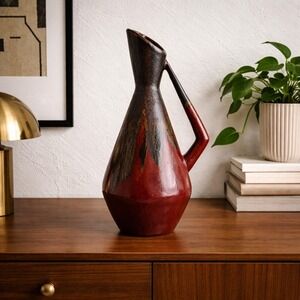 Vtg Studio Pottery Ewer Vase Red Black Drip Glaze Signed Mid Century Modern 13.5